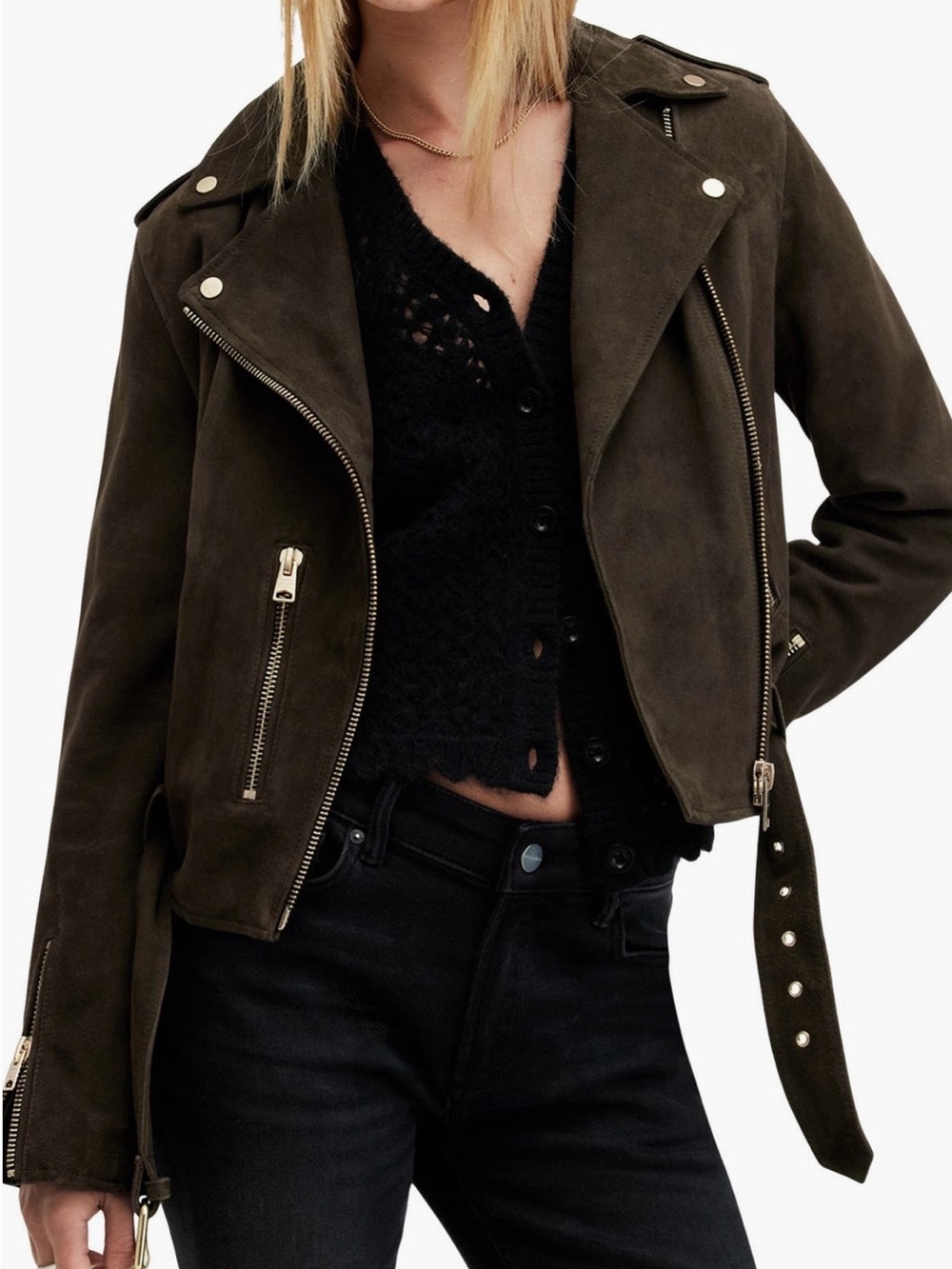 AllSaints Olive Suede Moto Jacket